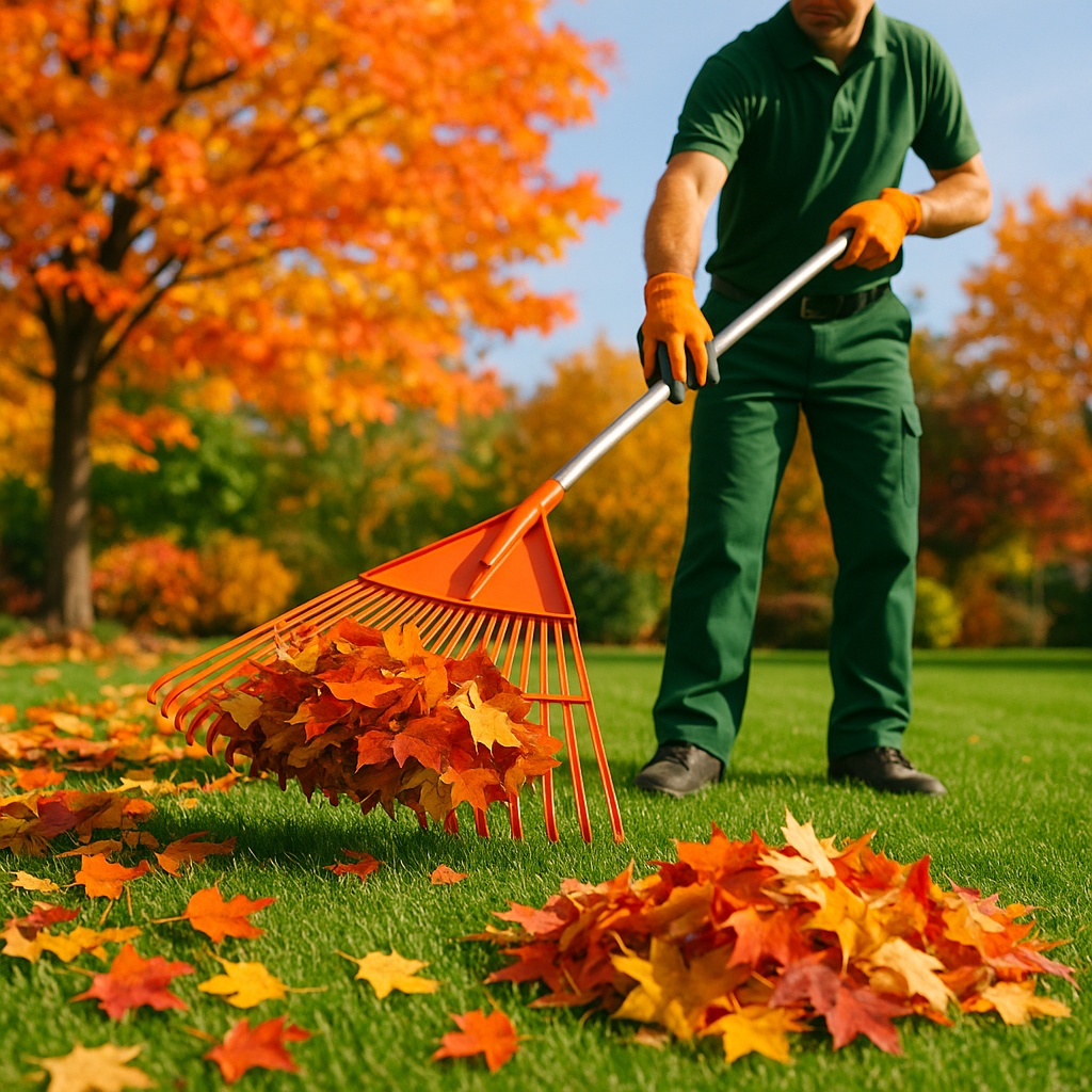 Autumn leaves being raked on green lawn during professional fall yard cleanup service