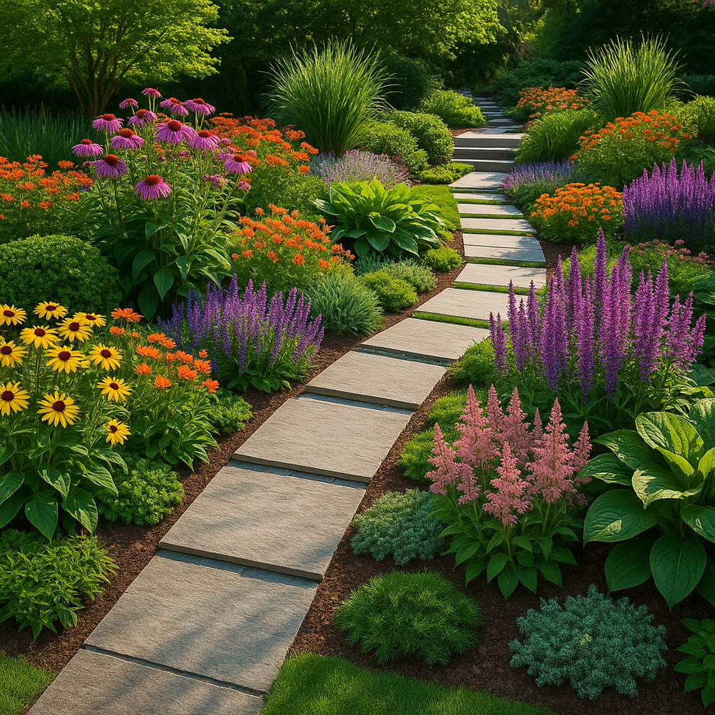 Beautiful garden landscape with colorful perennial flowers, modern stone pathways, and professional hardscaping design
