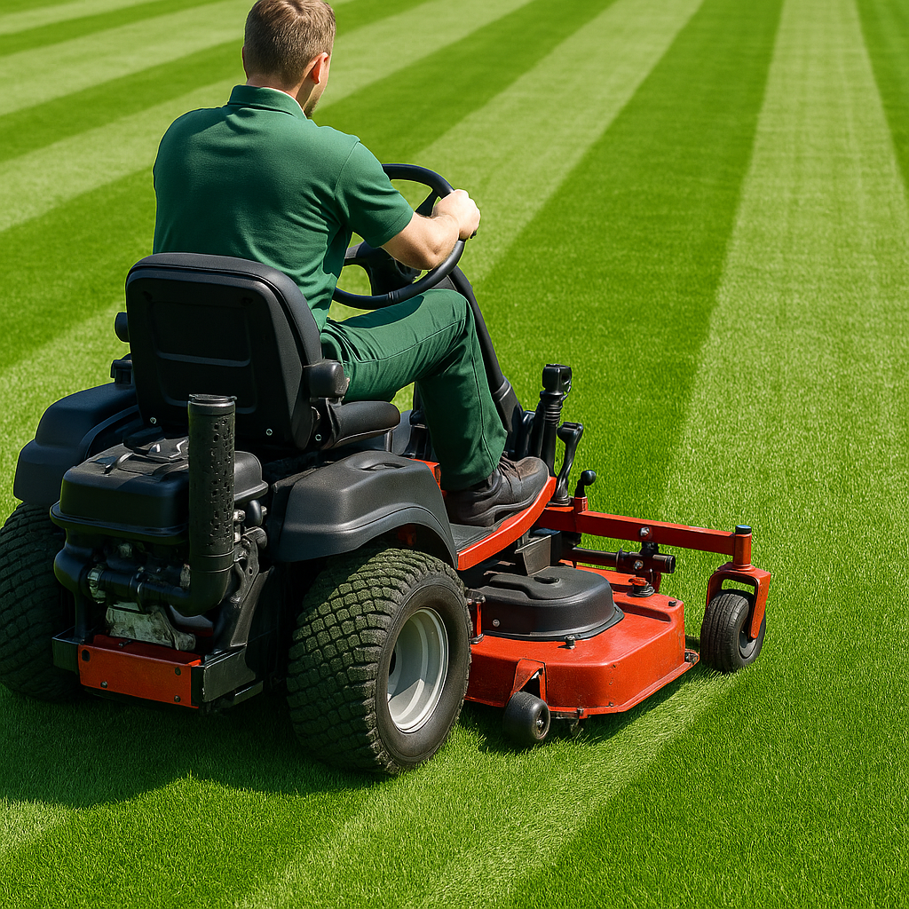 Professional lawn mower cutting perfectly striped green grass showing high-quality lawn maintenance service