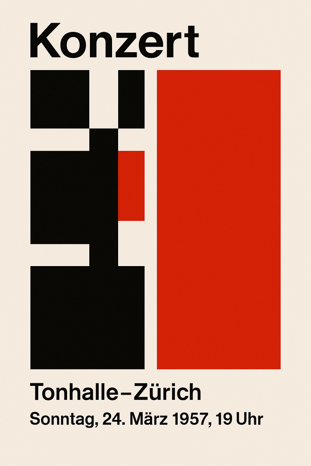 Swiss International Style concert poster featuring bold geometric composition with red and black shapes on white background, demonstrating strict grid system and Helvetica typography by Josef Müller-Brockmann
