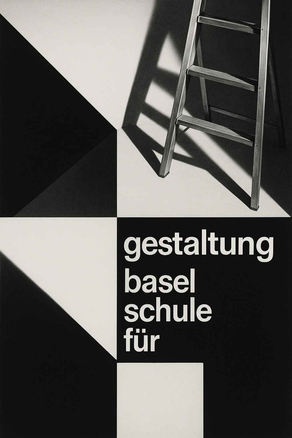 High contrast black and white Swiss poster with bold asymmetric geometric shapes and dramatic shadows, exemplifying Basel School of Design modernist aesthetics by Armin Hofmann