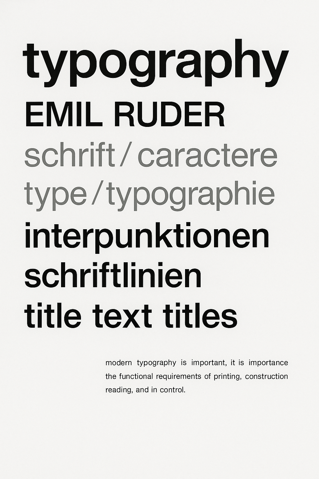 Minimalist typographic composition featuring elegant Helvetica letterforms with sophisticated spacing and mathematical precision in grey and black on white, demonstrating Basel typography principles by Emil Ruder