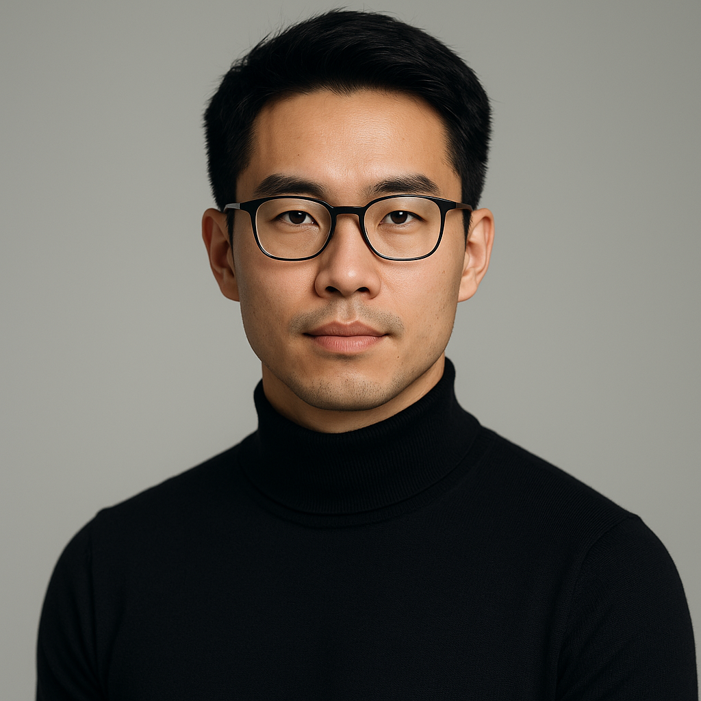 Professional portrait of Alex Chen, AI Product Engineer, wearing black turtleneck against neutral background