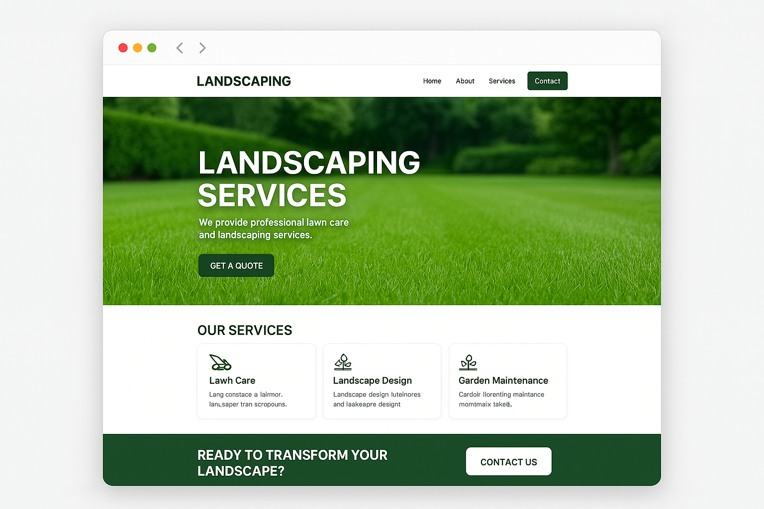 Website mockup of GreenLeaf Landscaping business site featuring green color scheme, hero section with lawn imagery, service cards, and call-to-action buttons