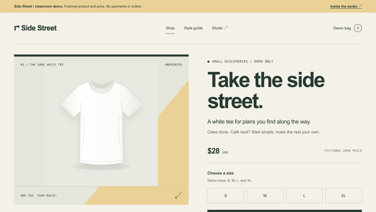 Actual desktop Side Street storefront with the kept turn-cue wordmark, bold headline, white shirt and size choices