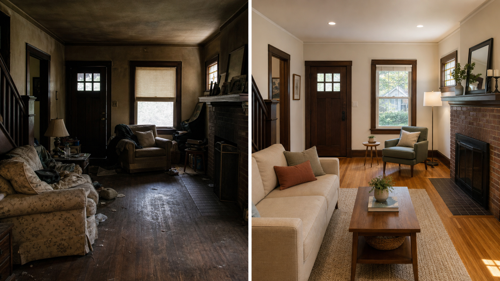 Before and after concept for a practical inherited-house restomod.