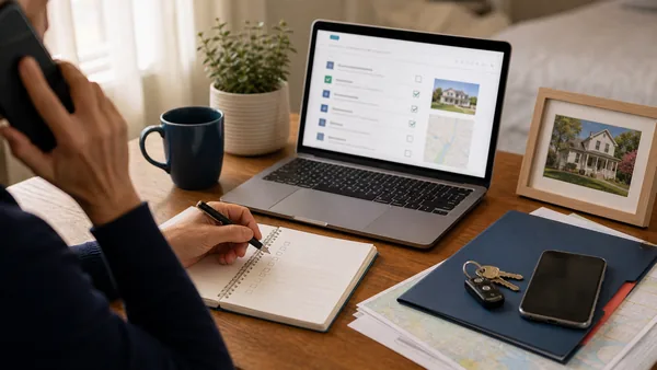 Laptop, notes, and keys for a person managing a house from out of town