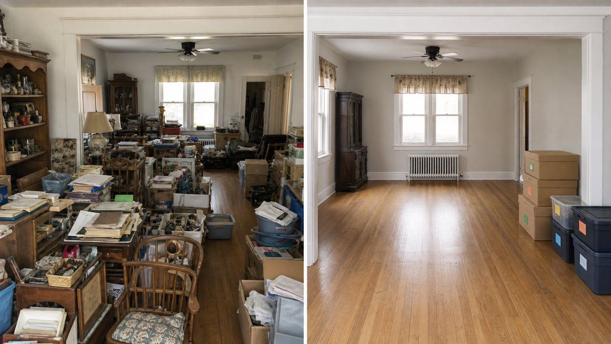 Before and after view of an estate room cleared for cleanout and house work.