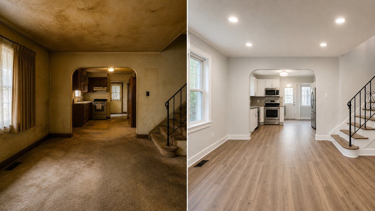 Before and after view of smoke cleanup and surface reset work.